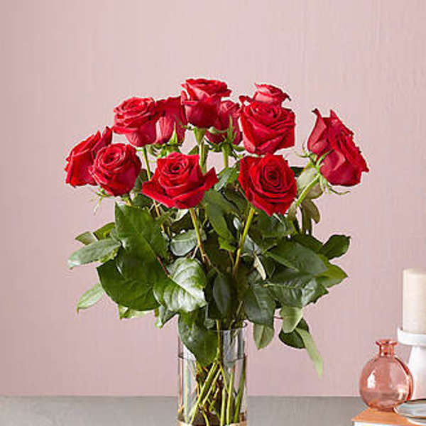 Red roses arranged in a clear glass vase