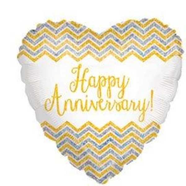 Heart-shaped anniversary balloon with gold lettering and chevron pattern