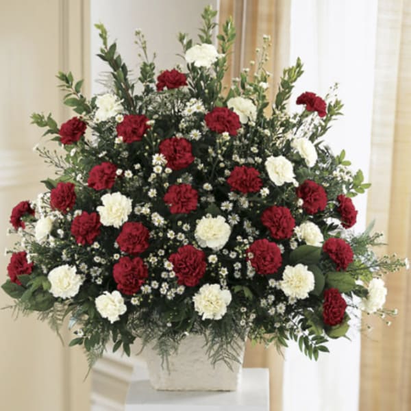 Red and white carnation arrangement in a white container