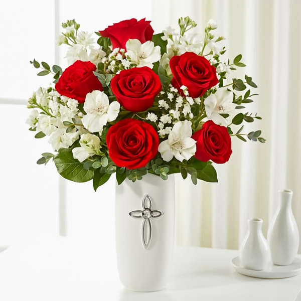 Red roses and white flowers arranged in a white vase with a cross emblem