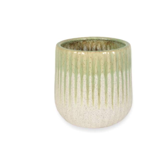 Small ribbed ceramic planter in pale green and cream