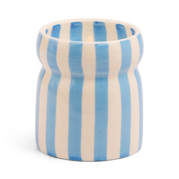 Blue and white striped ceramic candle holder