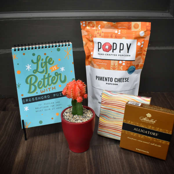 Gift set with a potted cactus, crossword notebook, popcorn, napkins, and chocolates