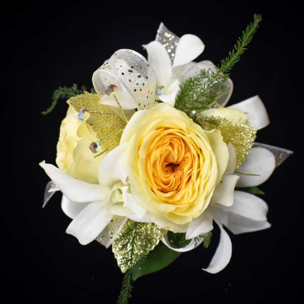 Yellow rose bouquet with white ribbon and gold accents