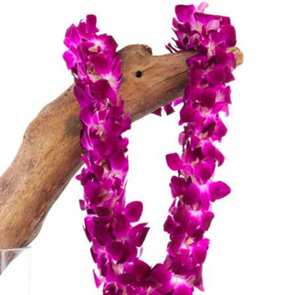Purple orchid lei draped over a wooden branch