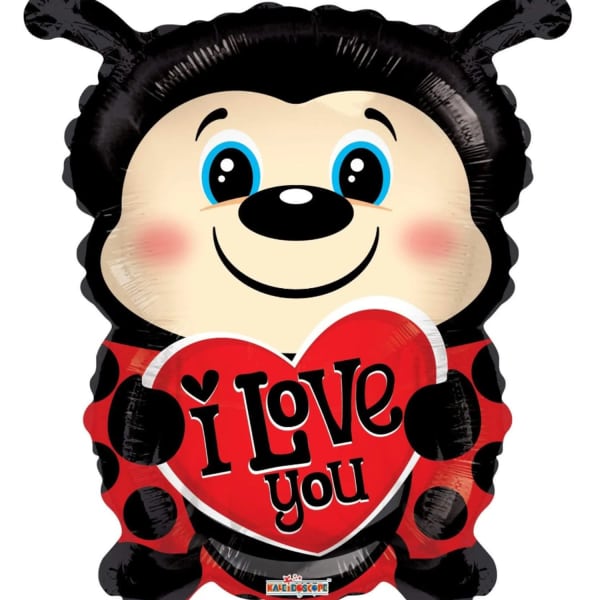 Bear-shaped balloon holding a red heart that says I love you