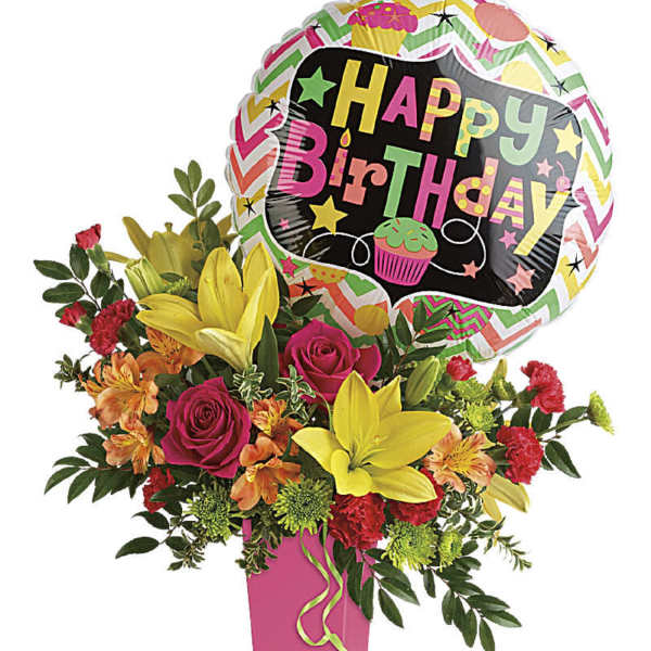 Birthday bouquet with a balloon and pink vase