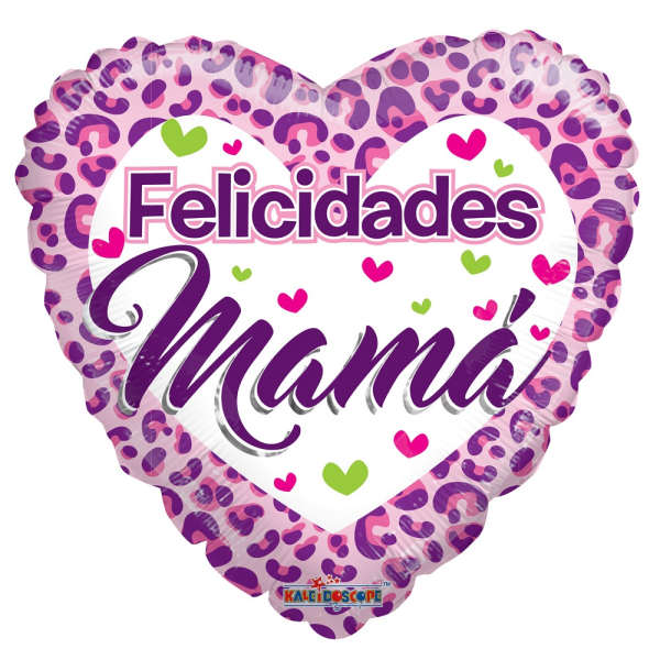 Heart-shaped balloon with "Felicidades Mamá" text and leopard print