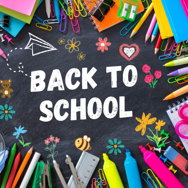 Back to school chalkboard graphic with colorful stationery around the edges