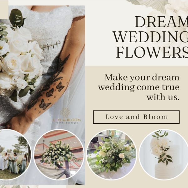 Wedding bouquet of white roses held by a bride