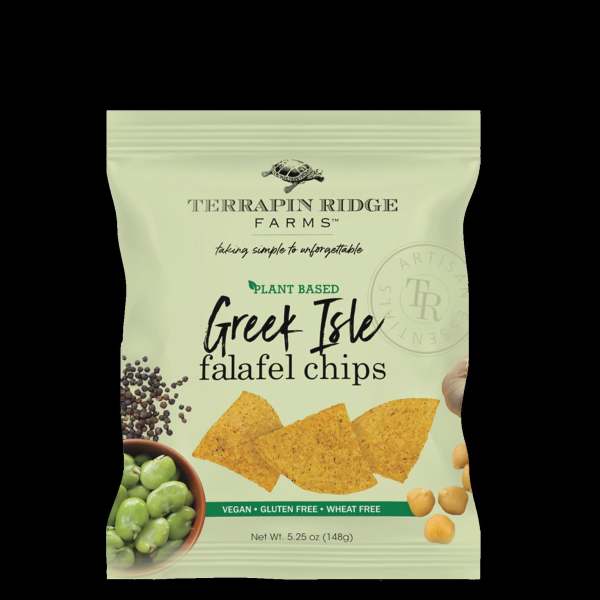 Bag of Greek Isle falafel chips on a pale green package