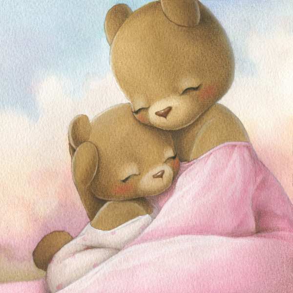 Two teddy bears cuddling under a pink blanket.