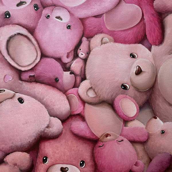 Pink teddy bears packed closely together in a plush pattern