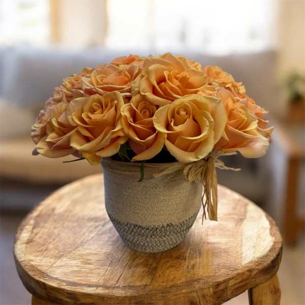 Orange roses arranged in a small textured pot