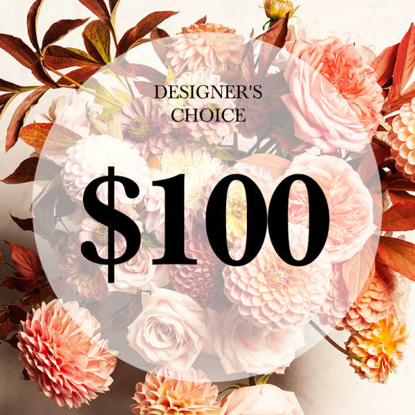 Mixed bouquet with pink and peach flowers and autumn leaves, overlaid with "$100" text