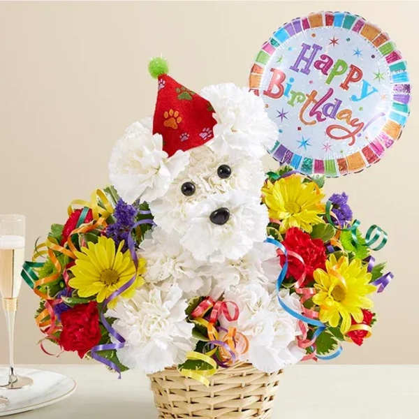 Flower basket arranged as a dog with a birthday balloon