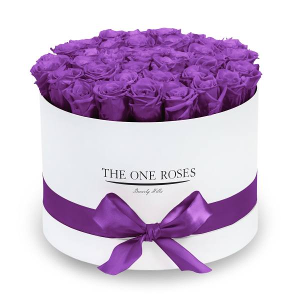 Box of purple roses with a satin ribbon