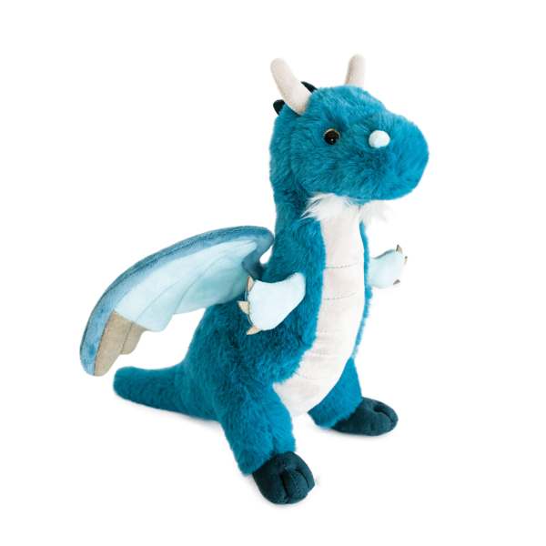 Blue plush dragon toy with white wings and horns