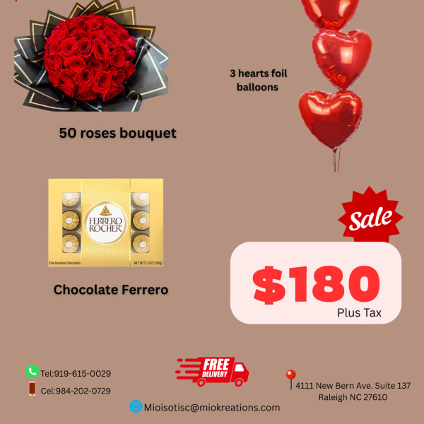 Red rose bouquet with heart-shaped balloons and chocolates