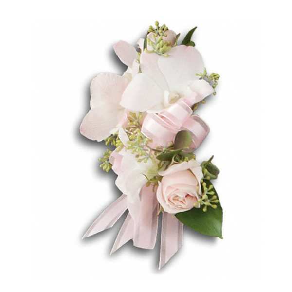 Pink and white floral corsage with ribbon
