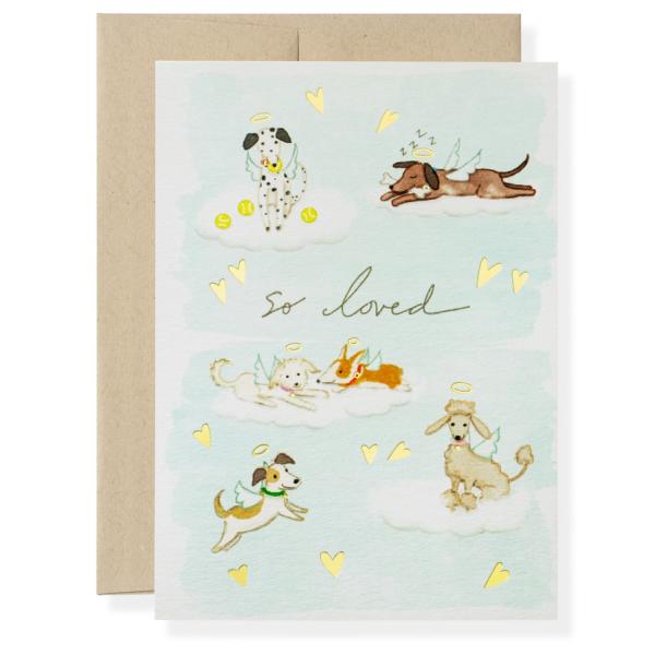 Greeting card with illustrated dogs, clouds, and the words "so loved"