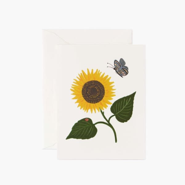 Greeting card with a sunflower and butterfly illustration
