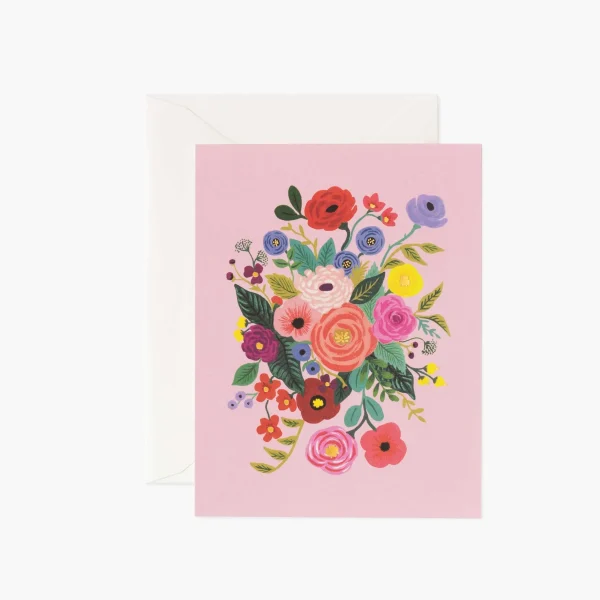 Pink greeting card with a colorful floral bouquet illustration