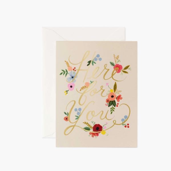 Floral greeting card reading "Here for You" with a white envelope