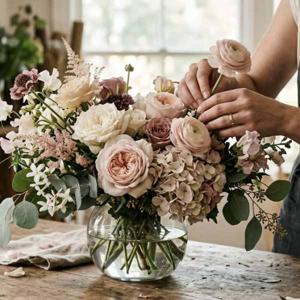 Pastel roses, ranunculus, and hydrangeas in a clear glass bowl vase on a wooden table