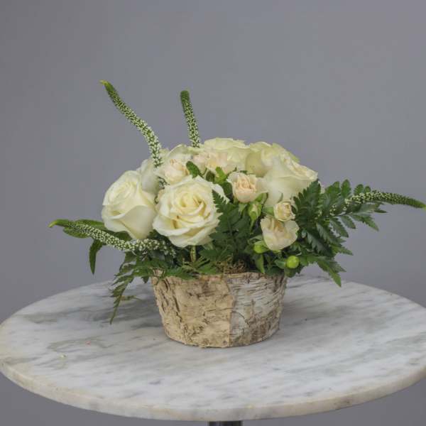 Cream rose arrangement in a birch bark container