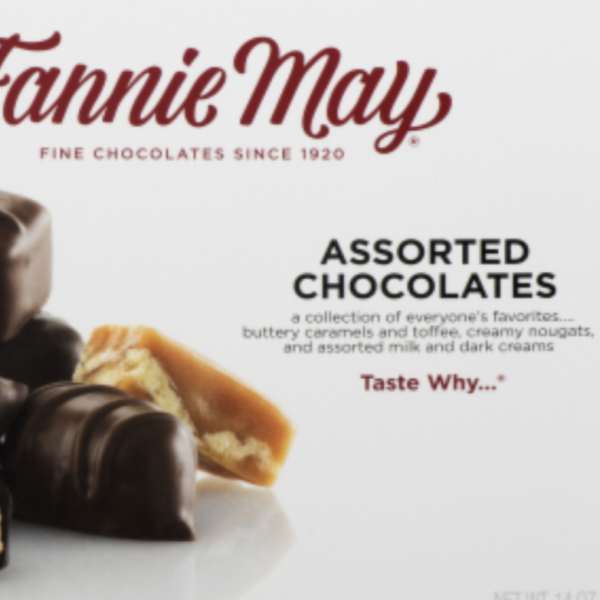 Box of assorted chocolates with Fannie May branding