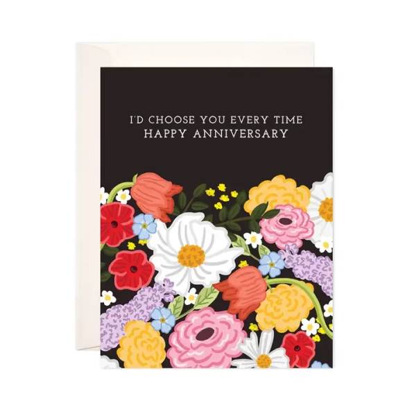 Anniversary card with colorful illustrated flowers on a dark background