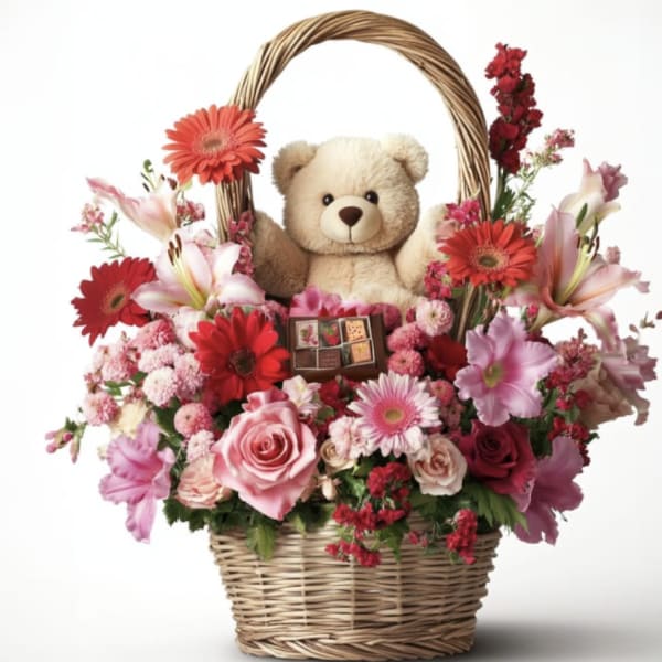 Floral Basket With a Teddy Bear