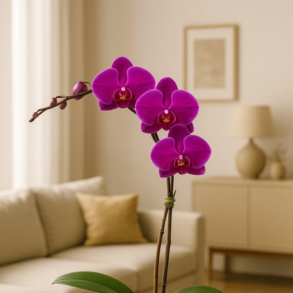 Potted purple orchid with three blooms in a white ceramic pot