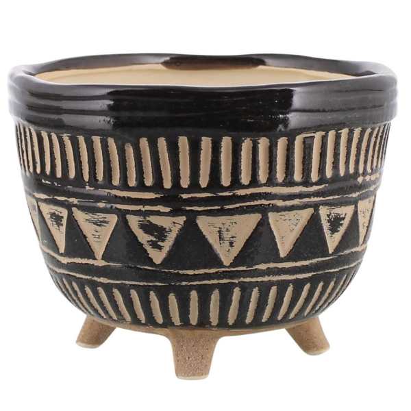 Decorative black ceramic planter with tan geometric patterns and three legs
