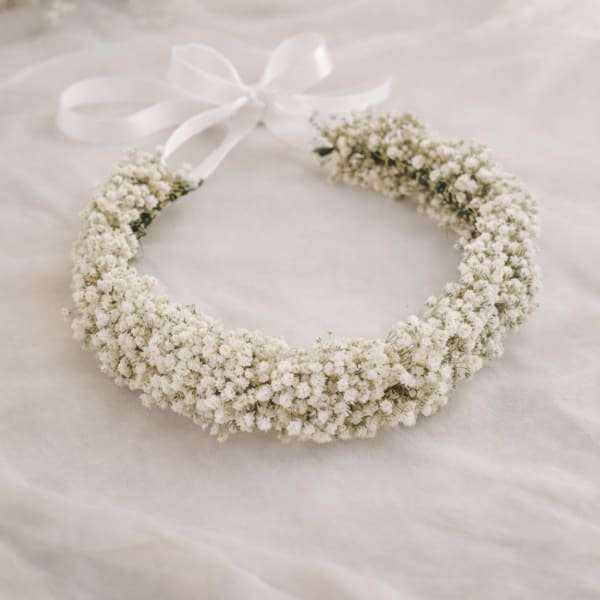 White flower crown with a satin ribbon tie