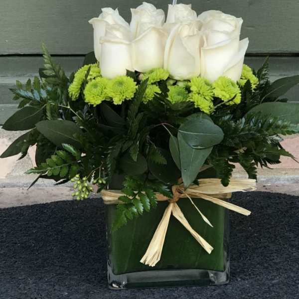 White roses and green mums in a square glass vase with a raffia bow