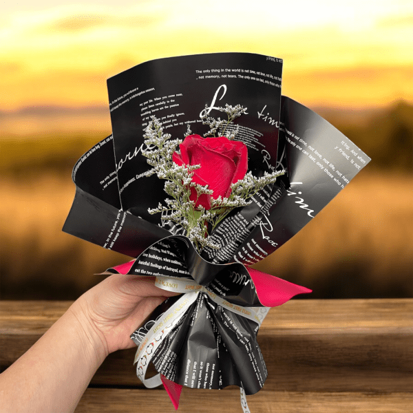 Single red rose wrapped in black printed paper with silver filler
