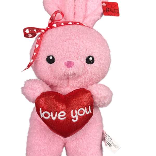 Pink plush bunny holding a red heart with "love you" text