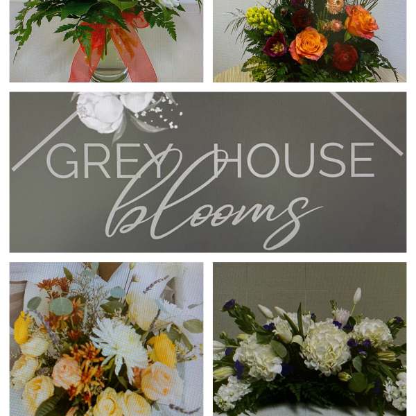 Collage of floral arrangements with roses, white blooms, and mixed bouquets