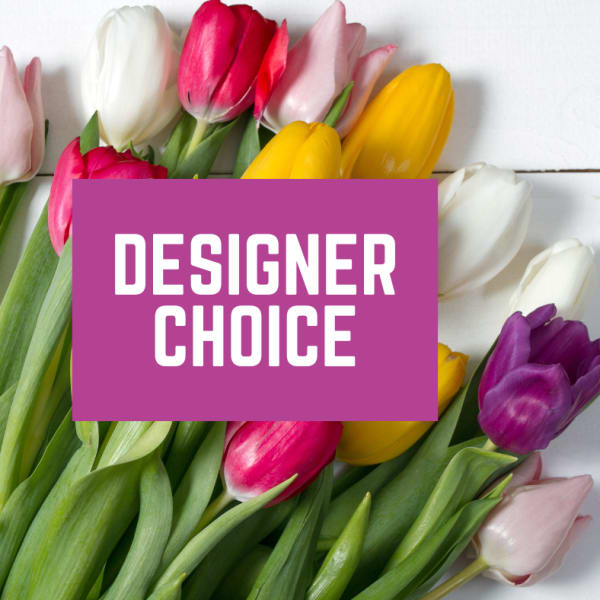Assorted tulips in pink, white, yellow, and purple with a designer choice label