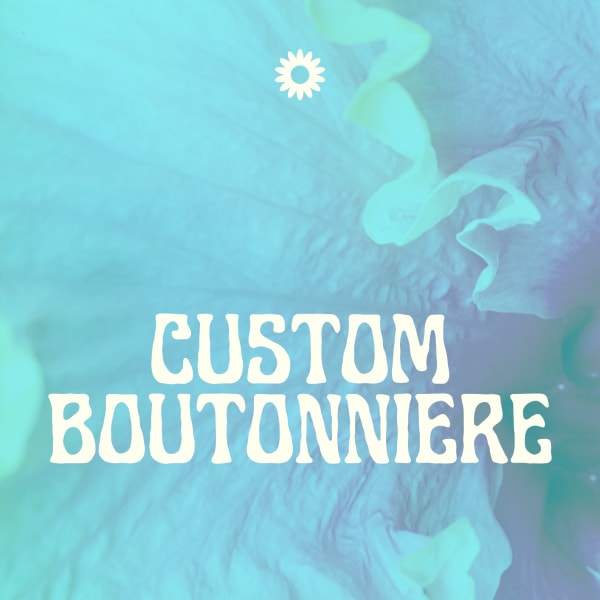 Custom boutonniere text over a blue floral background