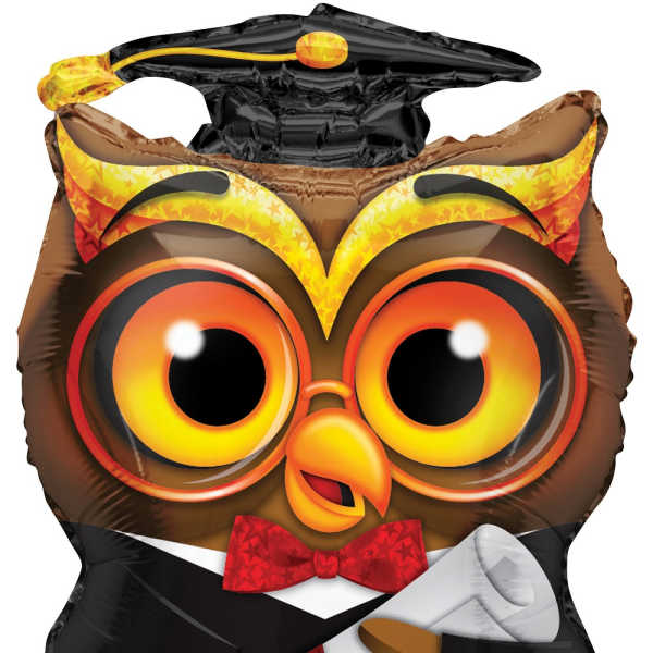 Owl-shaped foil balloon wearing a graduation cap and tuxedo