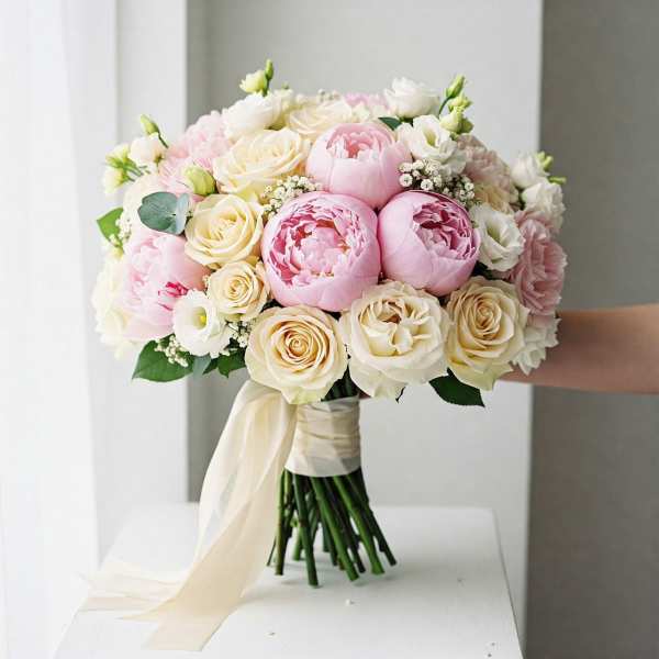 Pink and cream rose bouquet with peonies and ribbon wrap