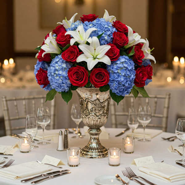 Red roses and blue hydrangeas in an ornate silver vase