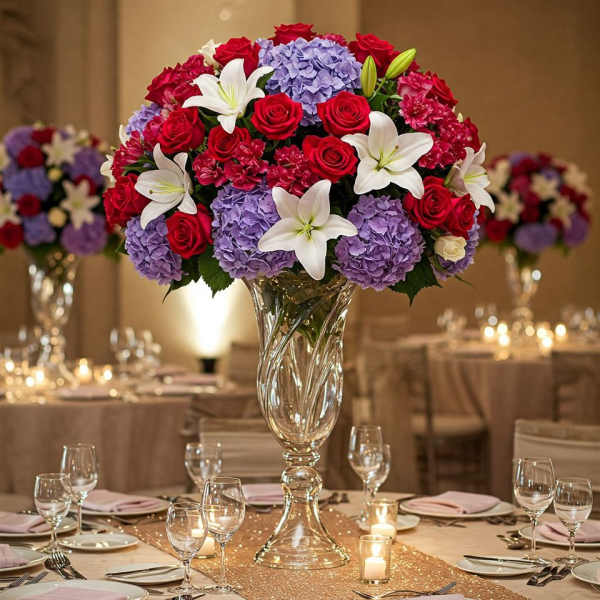 Tall centerpiece of red roses, purple hydrangeas, and white lilies in a glass vase