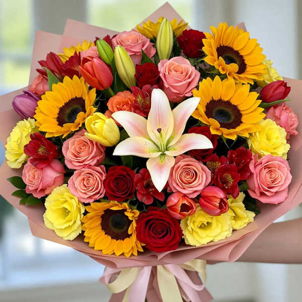 Bouquet of sunflowers, roses, tulips, and a white lily in pink wrap