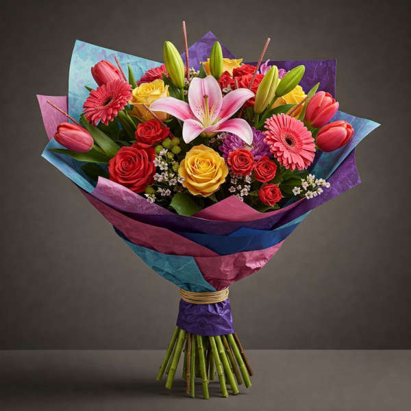 Colorful bouquet of roses, lilies, tulips, and gerbera daisies wrapped in bright paper