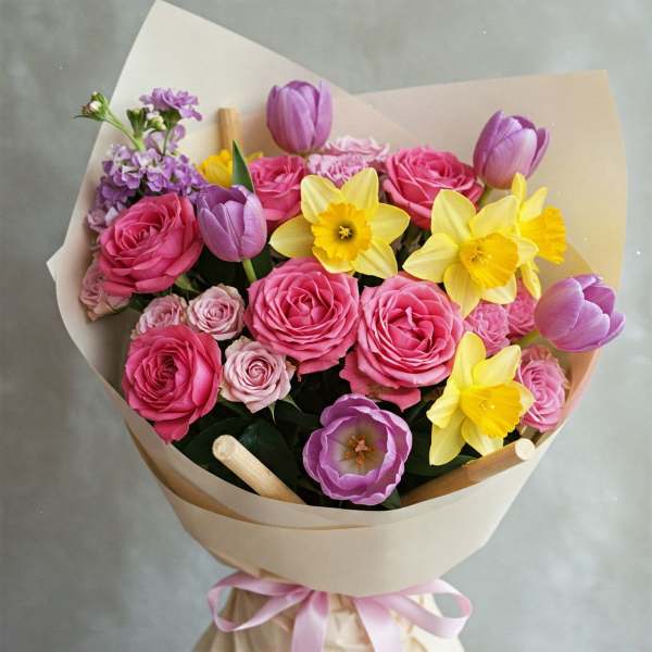 Bouquet of pink roses, purple tulips, and yellow daffodils wrapped in paper