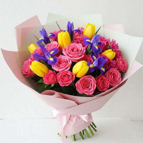 Bouquet of pink roses, yellow tulips, and purple irises wrapped in pink paper